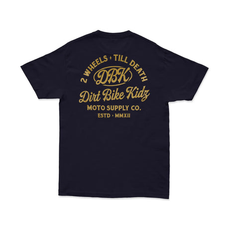 Gold Nugget Tee back in navy with large DBK Wheels Till Death graphic