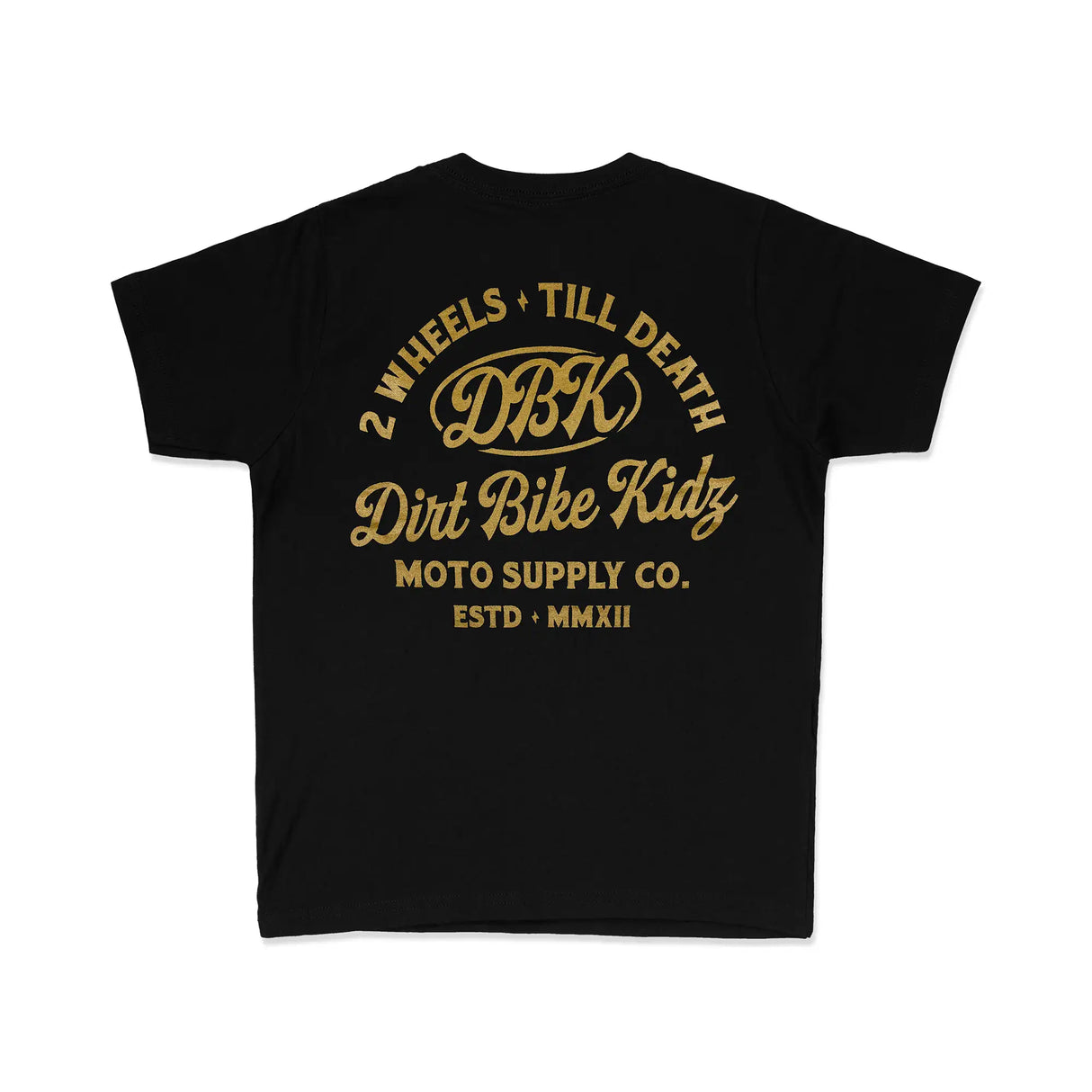 Youth black graphic tee with gold back print: 2 Wheels Till Death DBK Dirt Bike Kidz