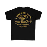 Youth black graphic tee with gold back print: 2 Wheels Till Death DBK Dirt Bike Kidz