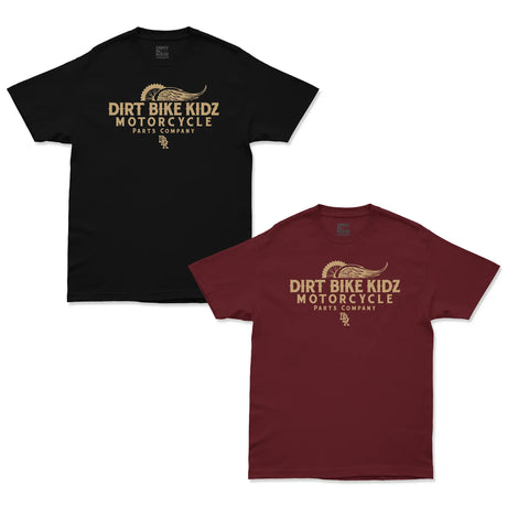 Gold Standard Tee by Dirt Bike Kidz, graphic logo on black and burgundy t-shirts