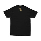 Black T-shirt back with gold monogram logo