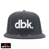 Charcoal snapback cap with white dbk logo on front and flat brim