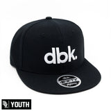 Youth snapback cap in black with white dbk logo and 4FIFTY YOUTH oval patch