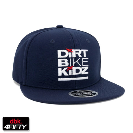 Navy snapback cap with “Dirt Bike Kidz” front logo and red accents