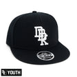 Youth snapback cap, black with large white front logo and flat brim