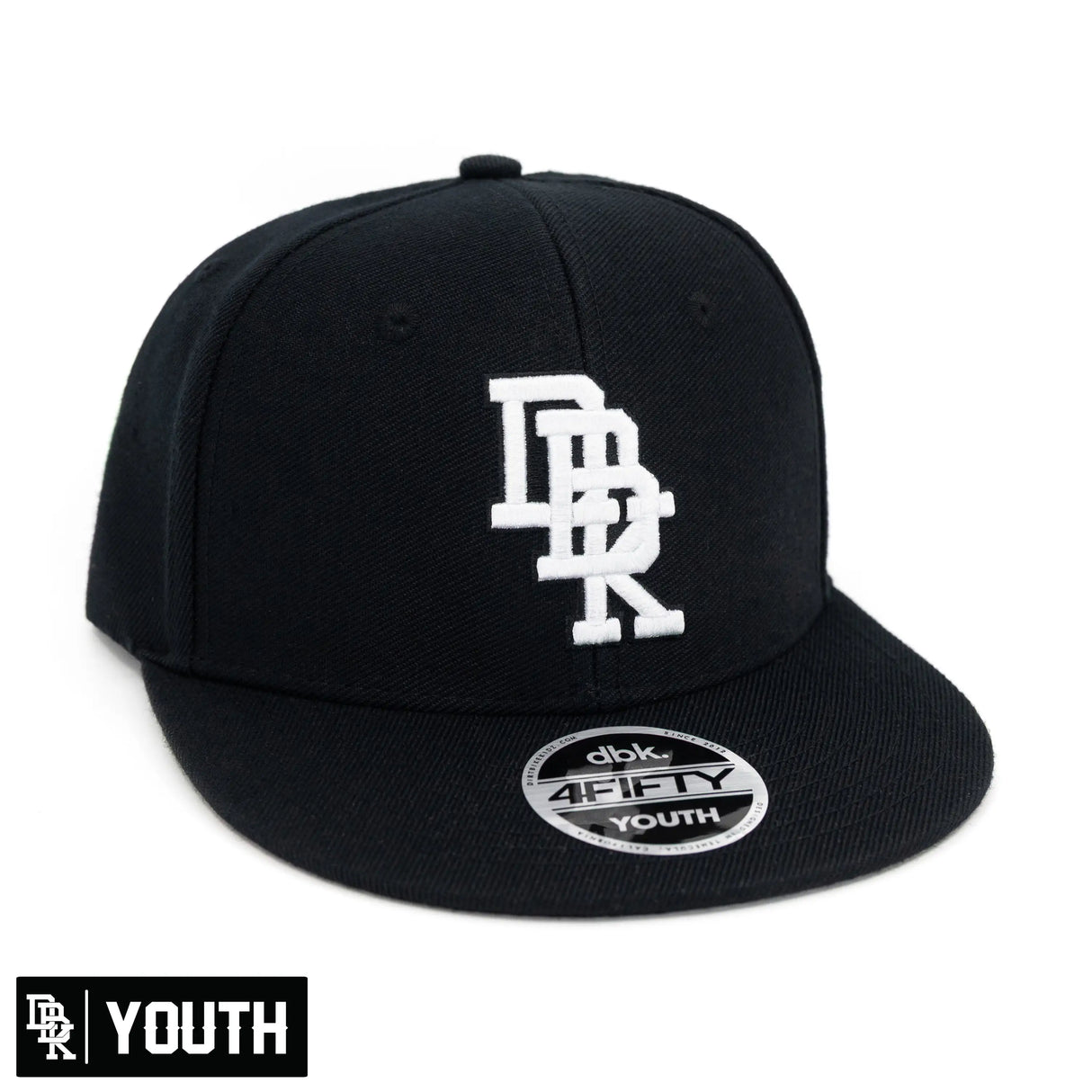 Youth snapback cap, black with large white front logo and flat brim
