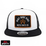 White/black trucker cap with front biker logo patch and black mesh panels