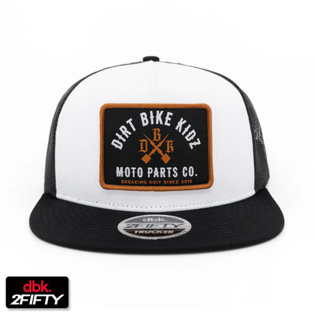 MP Trucker cap: white crown, black mesh sides, front logo patch