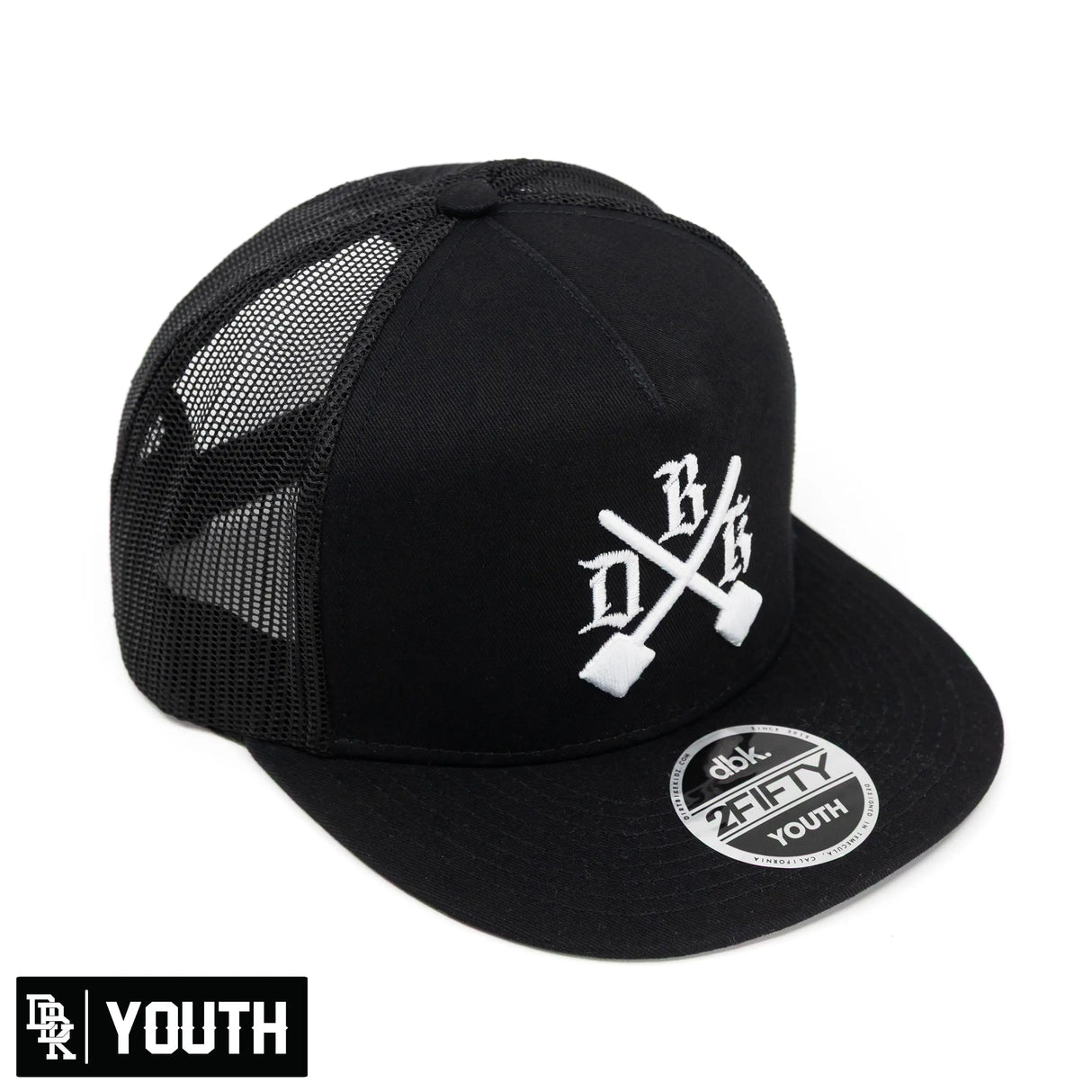 2Fifty youth cap in black, mesh side panels and front crossed logo emblem