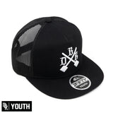 2Fifty youth cap in black, mesh side panels and front crossed logo emblem