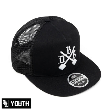 2Fifty youth cap in black, mesh side panels and front crossed logo emblem