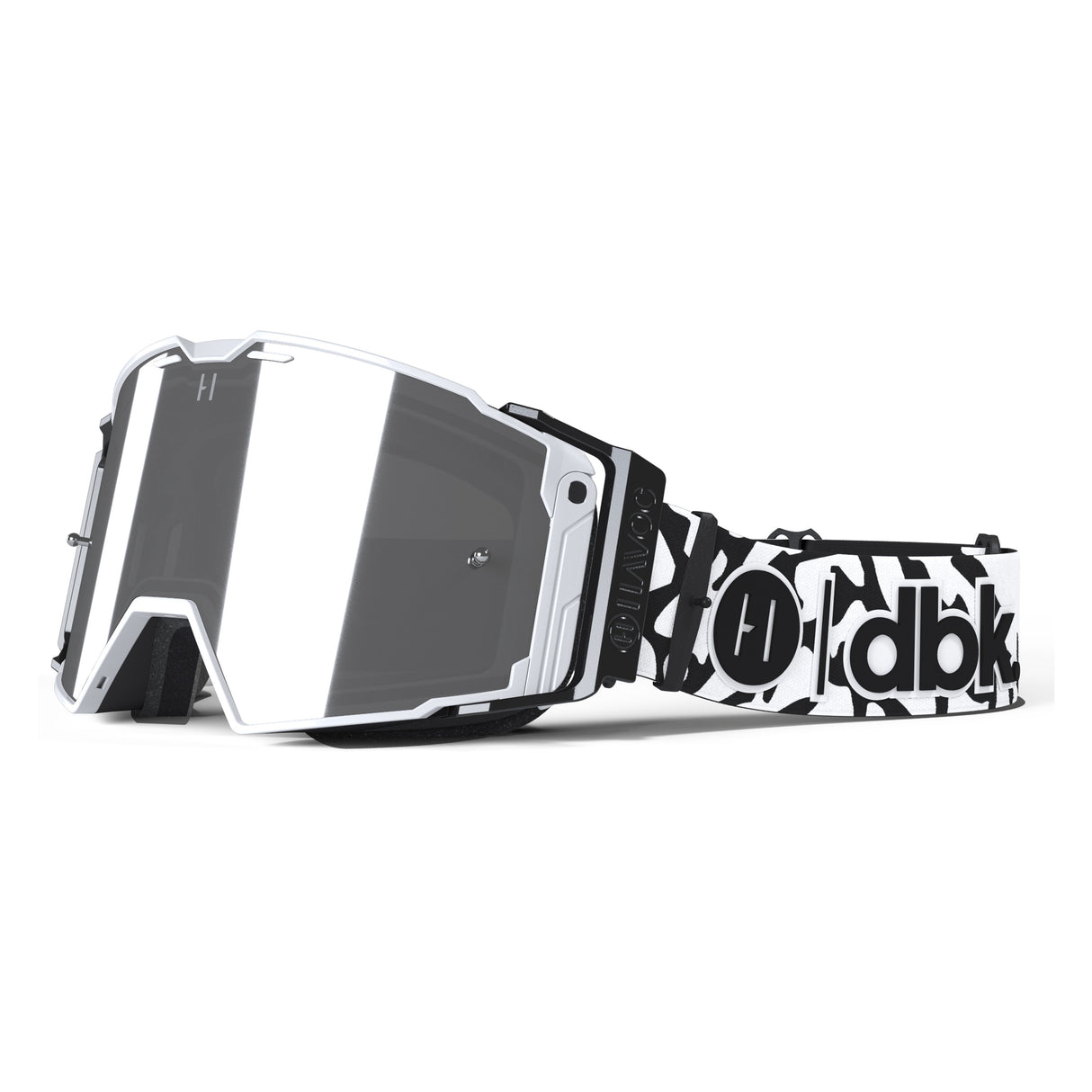 Helios goggles with white frame and mirrored gray lens, black trim