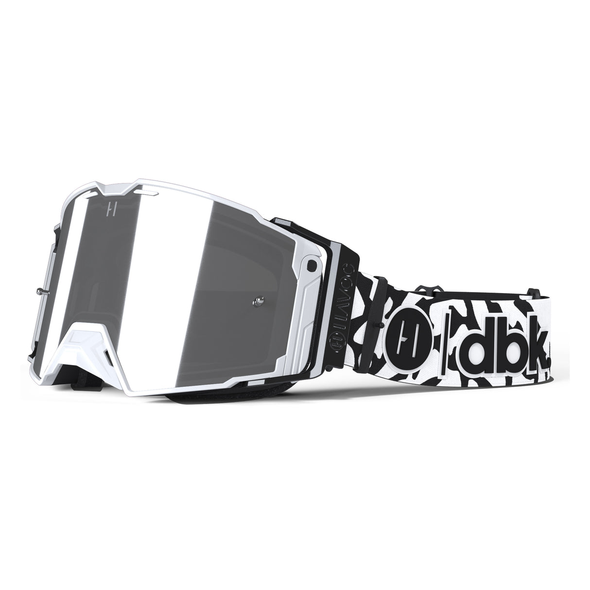 Helios goggle with white frame, dark mirrored lens, and black-and-white graphic strap