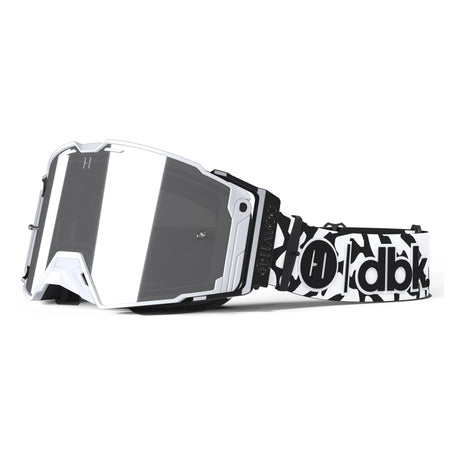 Helios goggle with white frame, mirrored dark lens, and black patterned strap