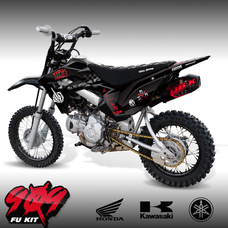 909 FU Pit Bike, black pit bike with red graphics and knobby tires