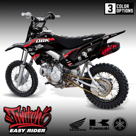 Pit bike Easy Rider with black seat and red OBK decals, front view