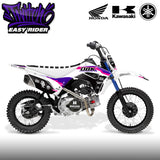 Retro pit bike with white frame, purple and black side graphics, and knobby tires