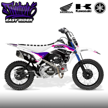 Easy Rider retro pit bike graphics on white, purple and blue mini dirt bike