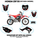 Pit bike side view with red-and-white body and black decal kit pieces