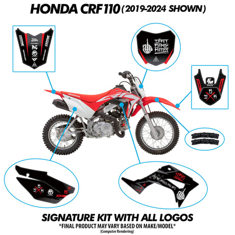 909 FU pit bike kit on red bike: side, front, and rear decal panels shown