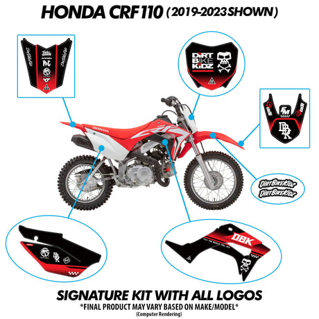 Red pit bike with labeled signature graphic kit decals and name/number placement areas