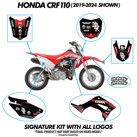 Red pit bike with OBK signature decals and placement callouts