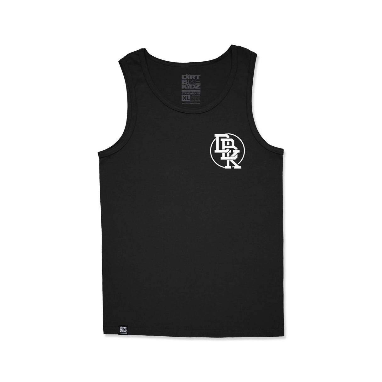 Black youth tank top with small circular emblem on upper chest.