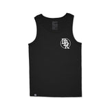 Black youth tank top with small circular emblem on upper chest.