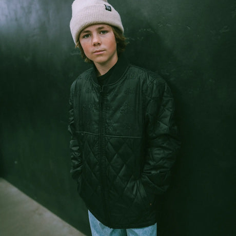 Dark quilted jacket with full zipper and stand collar, worn with beanie