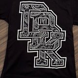 Black youth premium tee front view with big white patterned letter graphic, crew neck