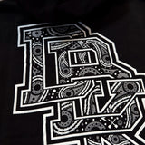 Black hoodie with drawstring hood, front kangaroo pocket, and large white graphic on back