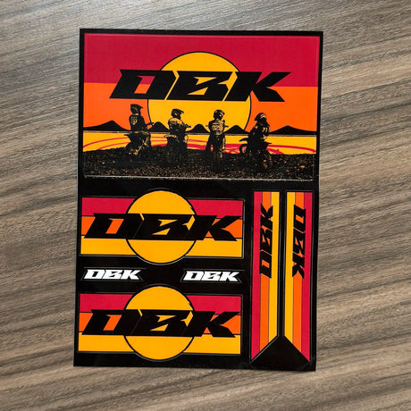 Sticker pack sheet with orange-red D2K scene, logos, and vertical stripe decals