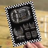 Sticker pack sheet with multiple winged dirt bike stickers, DIRT BIKE KIDZ text on black