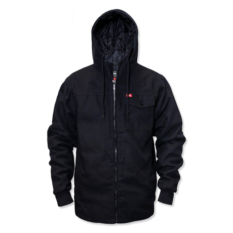 Deluxe jacket, dark hooded zip-up with chest pocket and drawstring hem cords