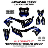 Blue and black DBK graphics kit set with front plate, side panels, and number decals