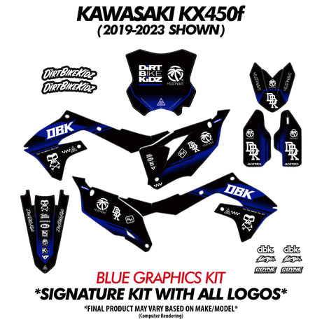 Blue graphics kit set: front plate, side panels, radiator covers, and fork protectors