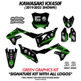 Green and black DBK graphics kit set with front plate, side panels, and number decals