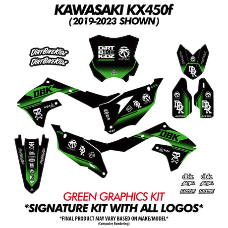 Green graphics kit set: front number plate, side covers, shrouds, and fork decals