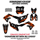 Orange and black DBK graphics kit set with front plate, side panels, and number decals