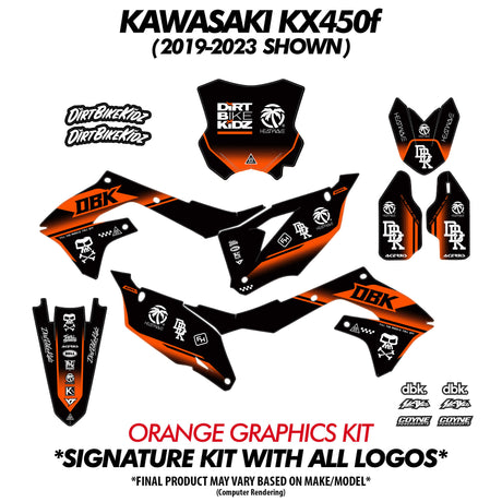 Orange graphics kit set: number plate, side panels, radiator covers, and fork decals