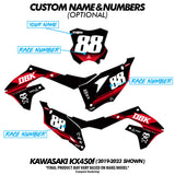 Motorcycle graphics kit with optional rider name and race number placement