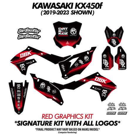 Red graphics kit set: front plate, side panels, radiator covers, and fork decals