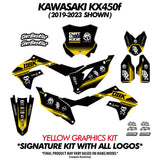 Yellow and black DBK graphics kit set with front plate, side panels, and number decals