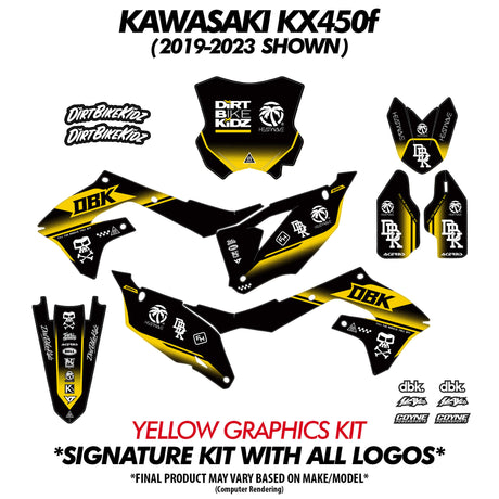 Yellow graphics kit set: front number plate, side covers, radiator shrouds, fork decals