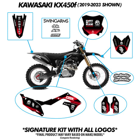 Motocross graphics kit layout showing swingarm, fork, and side panel decal pieces