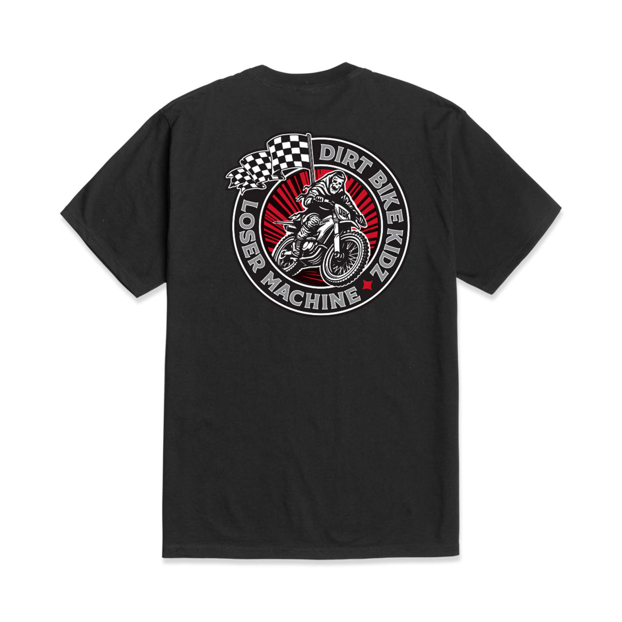 Black crew-neck T-shirt with large Dirt Bike Loser Machine back graphic