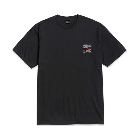Black crew-neck T-shirt with small DBK LMC chest logo print