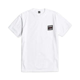White crew-neck T-shirt with small DBK LMC square logo on chest