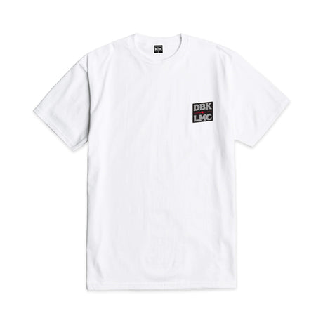 White crew-neck T-shirt with small DBK LMC square logo on chest