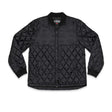 Black quilted jacket with zip front, stand collar, long sleeves